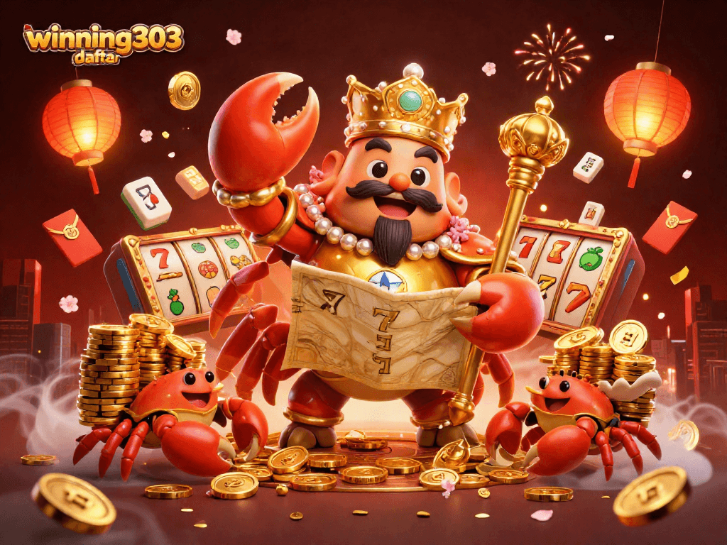 Experience winning303 daftar through a vibrant 3D casino adventure featuring a golden crab emperor and slot reels.