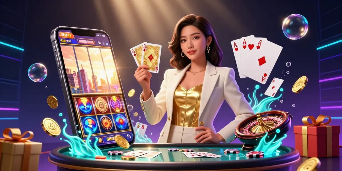 Experience UFABET's elite gaming with an elegant Asian woman set in a vibrant casino scene, showcasing excellence.