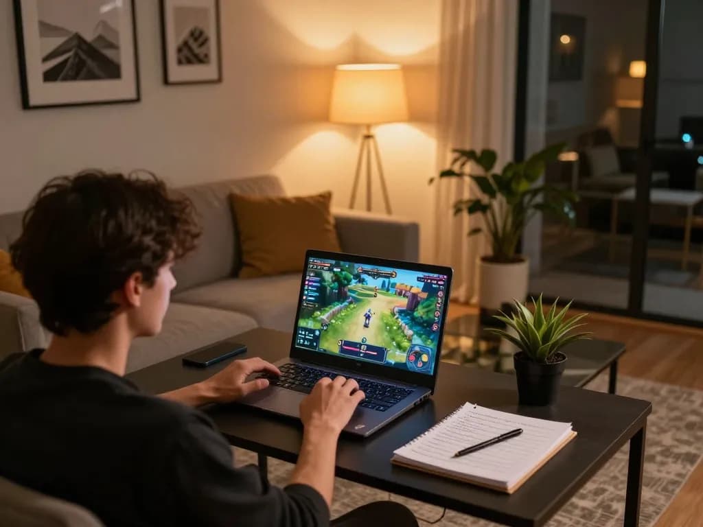 A player enjoys a mini-game experience on a laptop in a cozy living room setting with personal touches and strategic notes.