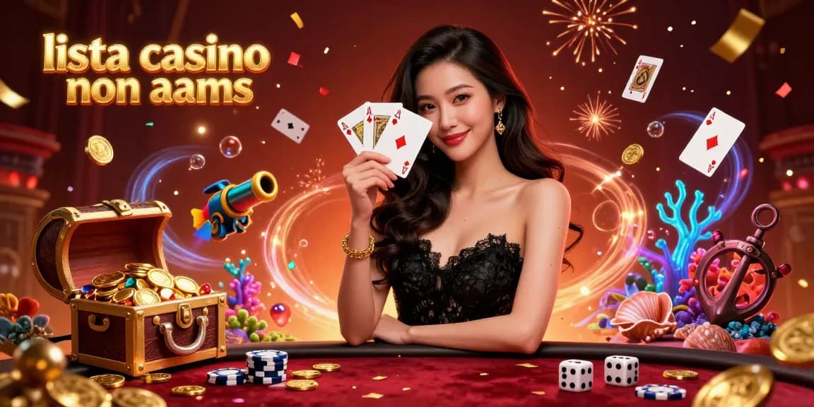 Scenario coinvolgente con una donna asiatica elegante che tiene due carte agli assi e mette in mostra lista casino non aams con elementi da casinò.