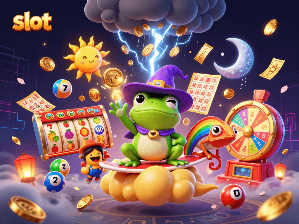 Experience thrilling slot action with a vibrant 3D scene featuring colorful game elements and energetic characters.