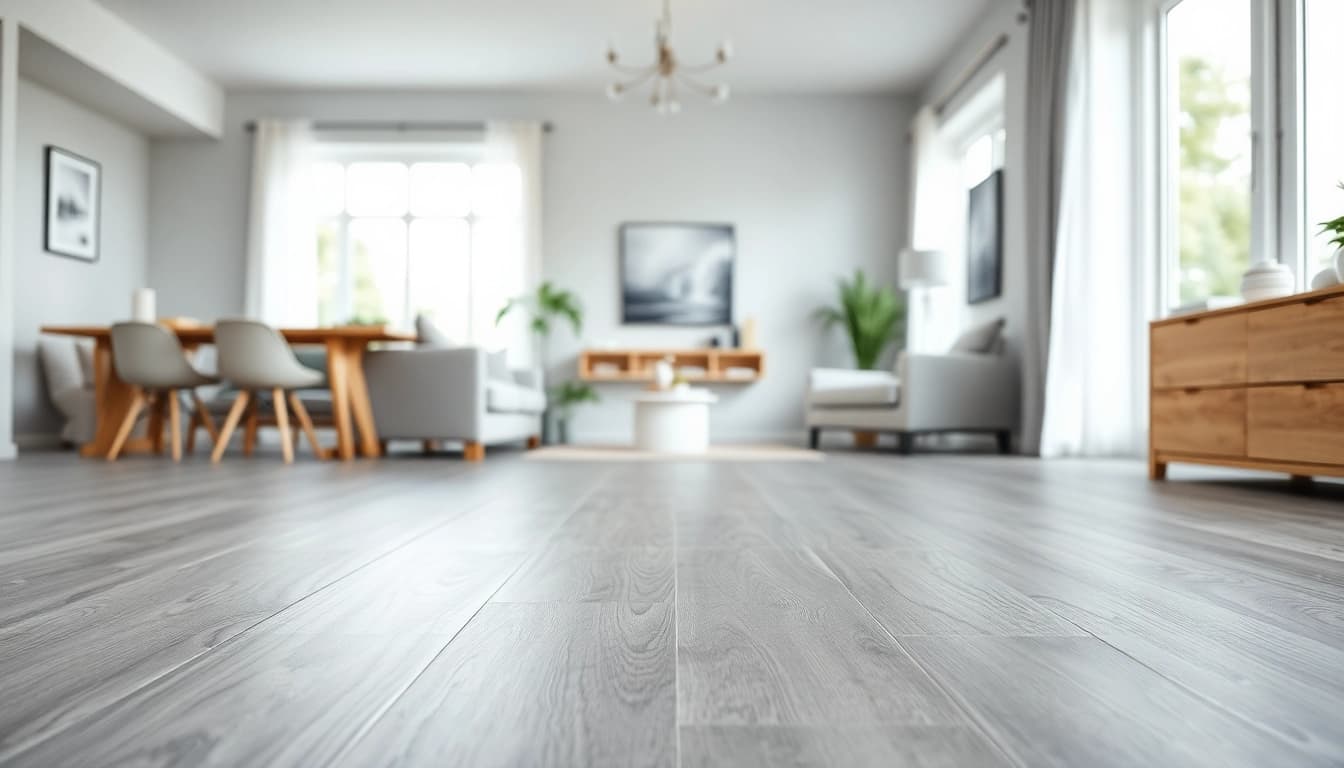 Enhance your home with stylish vinyl plank flooring in a serene grey setting.