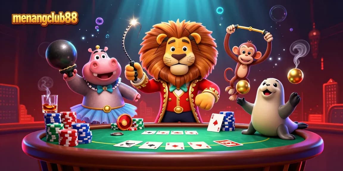 Engage in high-stakes poker action with menangclub88's vibrant 3D illustration showcasing game elements.