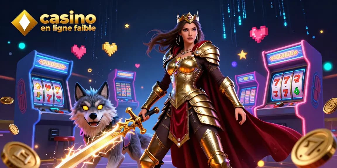 Interagissez avec un casino en ligne fiable à travers une scène vibrante mettant en vedette une reine guerrière et des machines d'arcade.