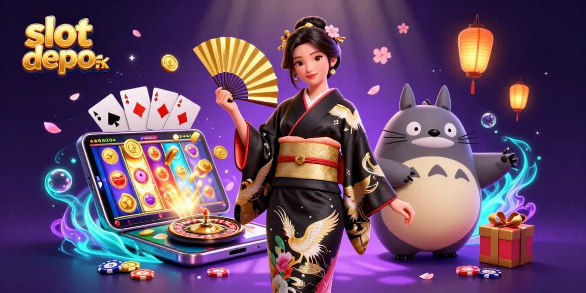 Spin reels and win at slot depo 5k with colorful online casino elements in vibrant 3D illustration.