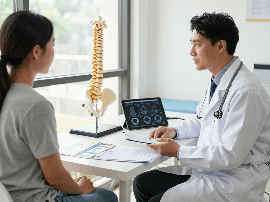Boyun fıtığı ameliyatı consultation with doctor and patient discussing treatment options in a bright clinic.
