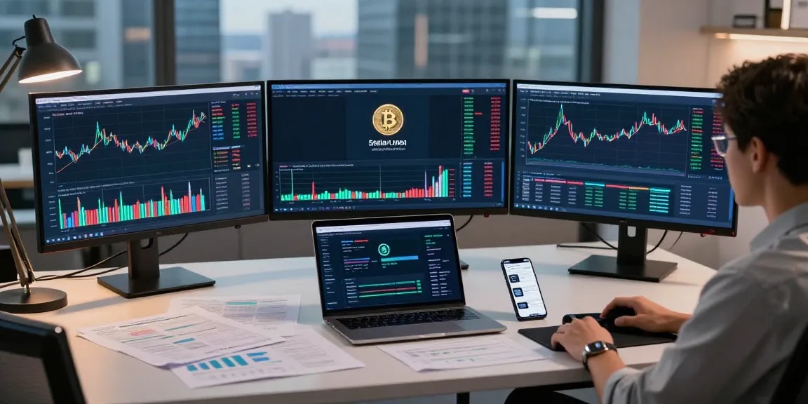 Stellar lumens price prediction analysis in a high-tech trading environment showcasing cryptocurrency charts and DeFi protocols.