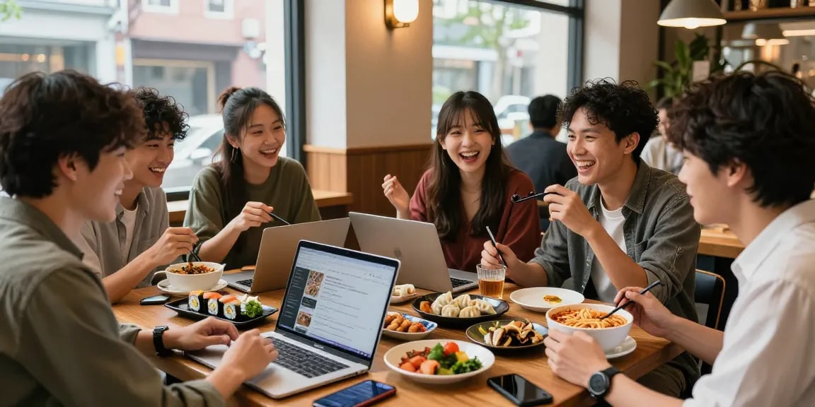 A group enjoying Asian cuisine while discussing content from https://hanadultalk.com in a vibrant café setting.