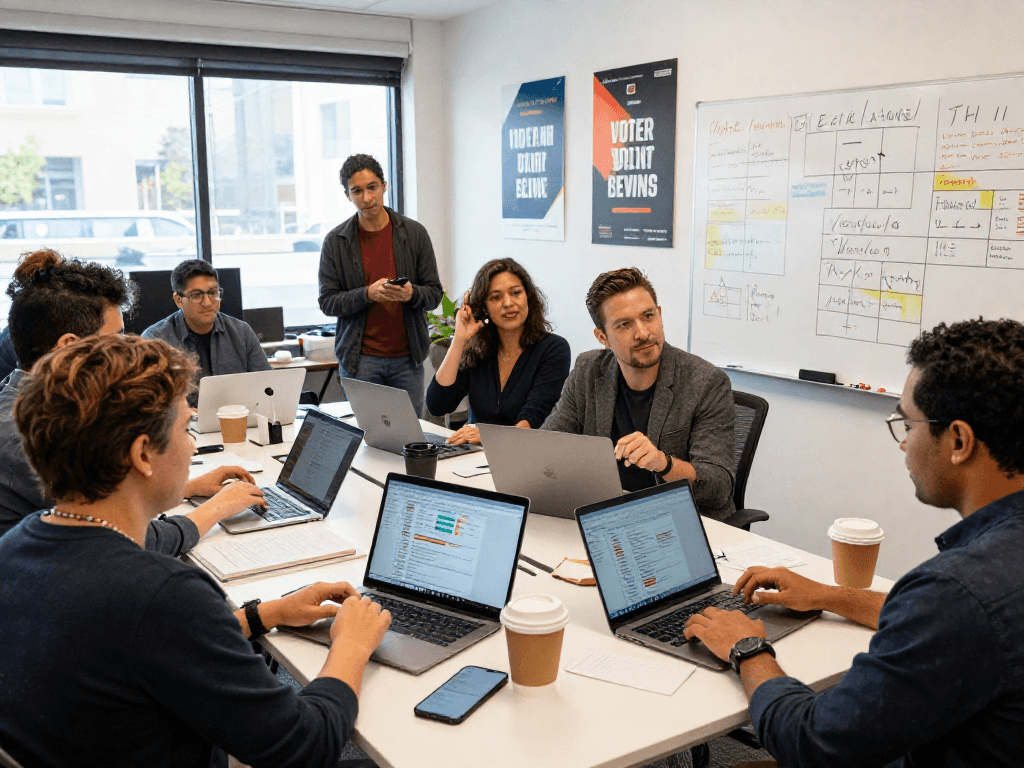 Team strategizing for a political campaign using a campaign text message service in a collaborative office environment.