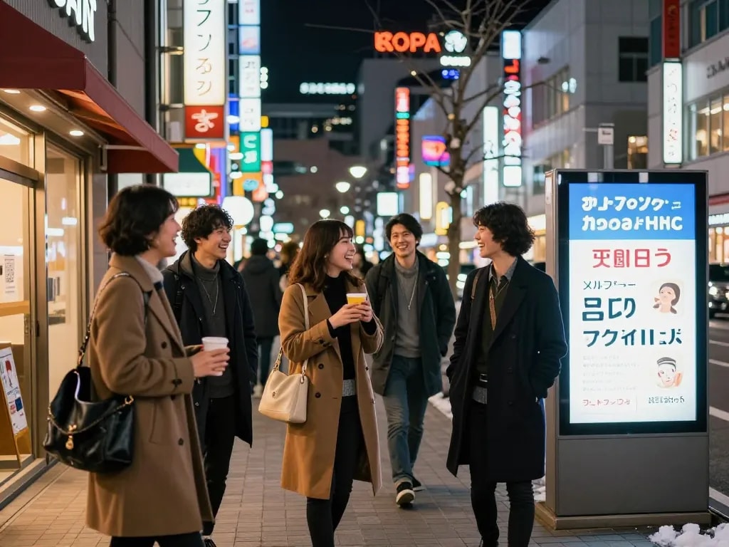 人気のソープランドの外で夜遊びを楽しむ友人たちと一緒のすすきのソープおすすめ、活気ある都市の雰囲気を示す。