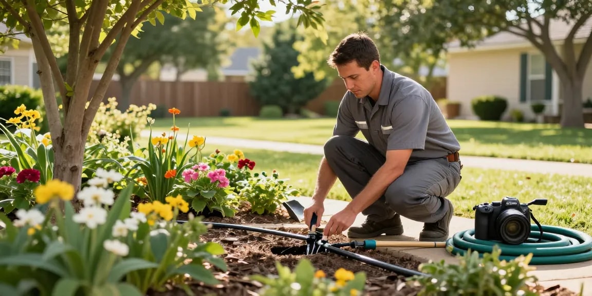 Professional Irrigation Services in Bedford, TX technician repairing a drip irrigation system in a vibrant backyard.