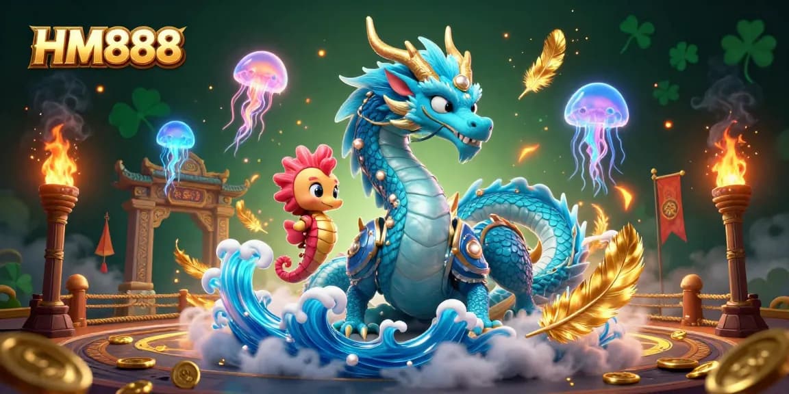 Engage in thrilling gameplay with HM888's mesmerizing dragon and neon jellyfish in a vibrant casino scene.