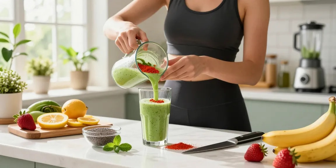 Preparing a healthy smoothie with premium astaxanthin, fresh fruits, and chia seeds in a sunlit kitchen.