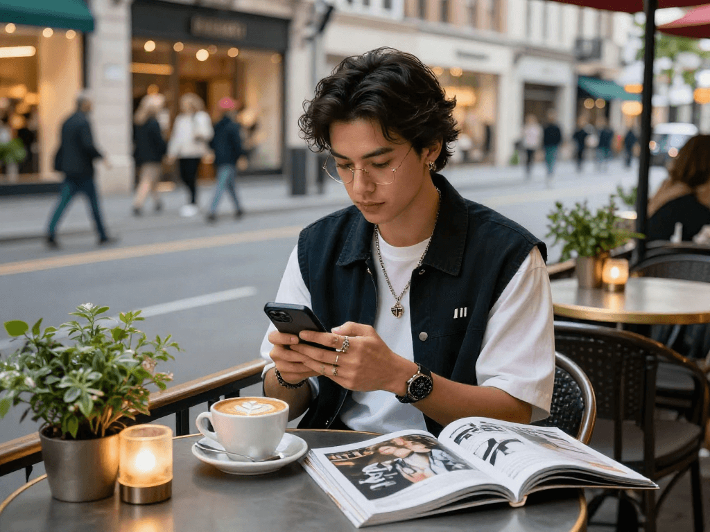Gaya hidup modern dengan aksesori luxury111 di kafe urban yang trendi.
