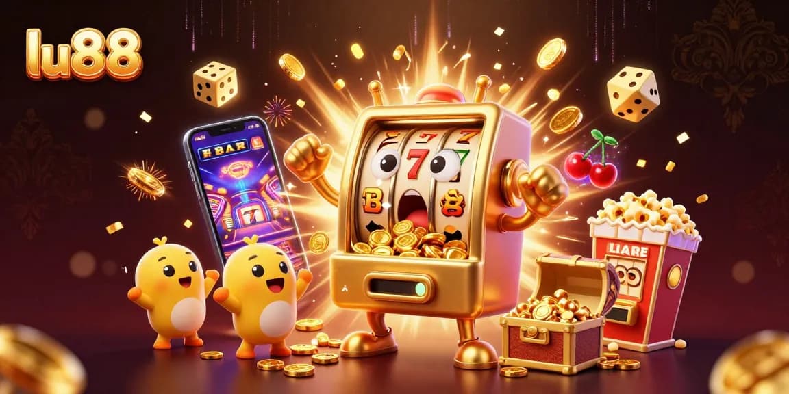 lu88 slots illustration shows golden slot machine hitting jackpot with coins pouring out.
