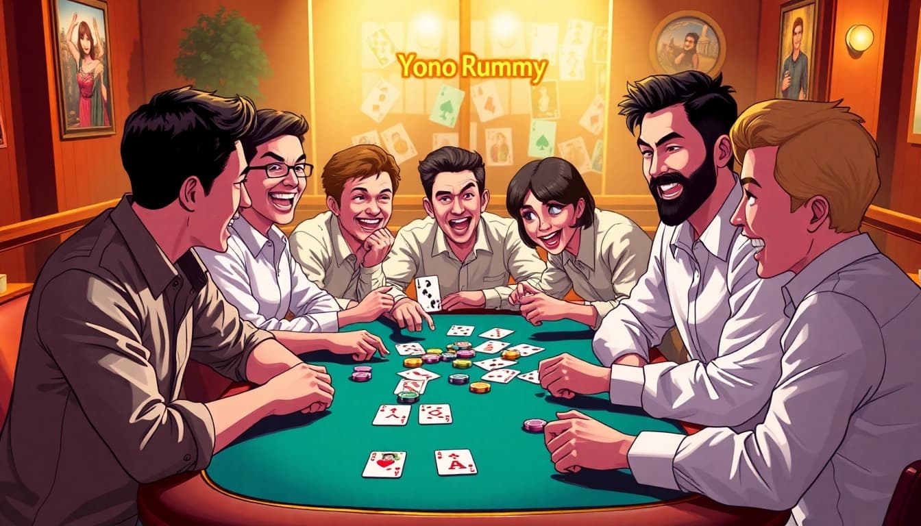 Players enjoying Yono Rummy around a colorful gaming table, capturing the excitement of gameplay.