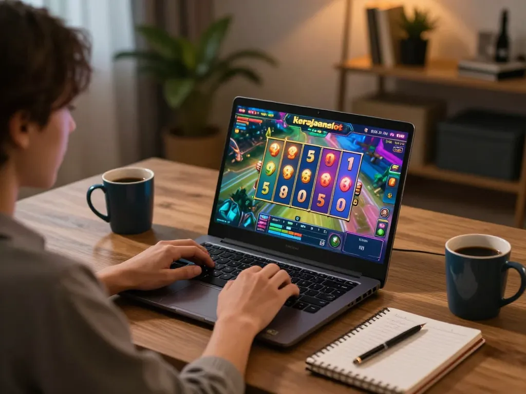 Engaging session of kerajaanslot online gaming with player enjoying colorful reels at a modern desk.