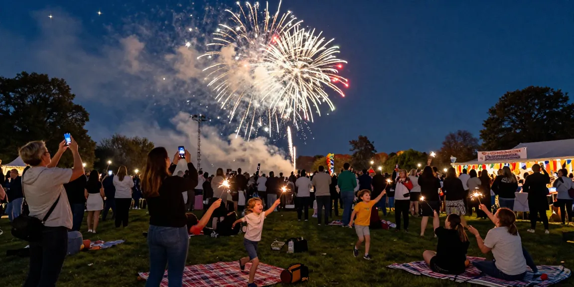 Buy fireworks Manchester celebration with vibrant fireworks illuminating a joyful crowd in the park.