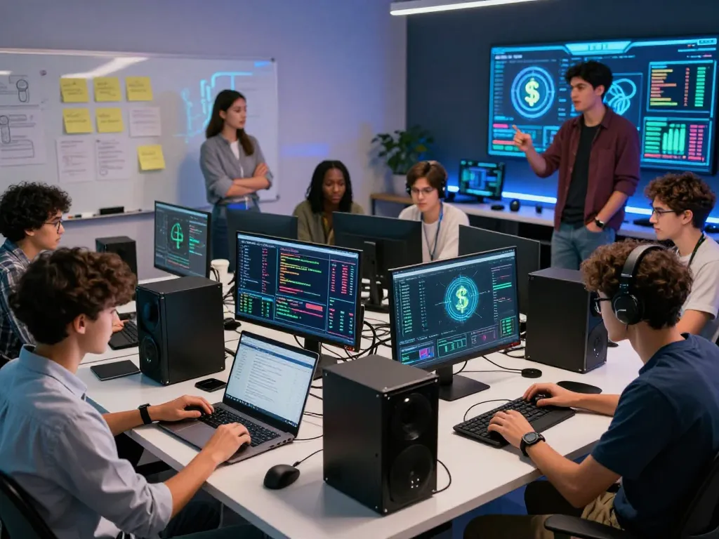 Group collaborating in online crypto mining environment with high-performance computers and market data on displays.