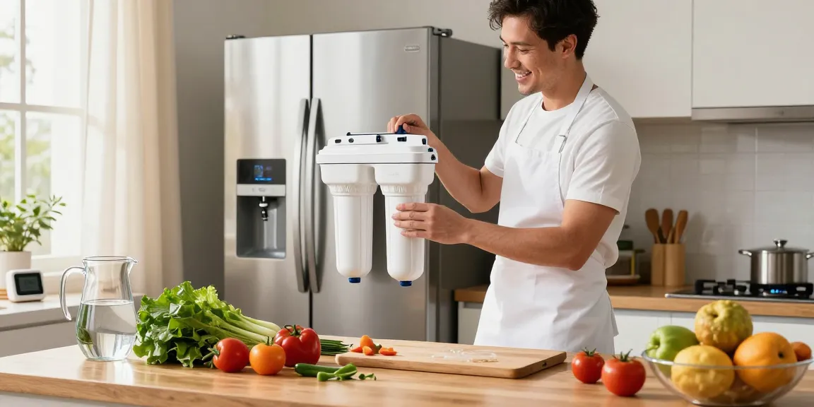 Chef replacing the Waterspecialist EDR1RXD1 Water Filter in a bright kitchen, surrounded by fresh ingredients and filtered water pitcher.