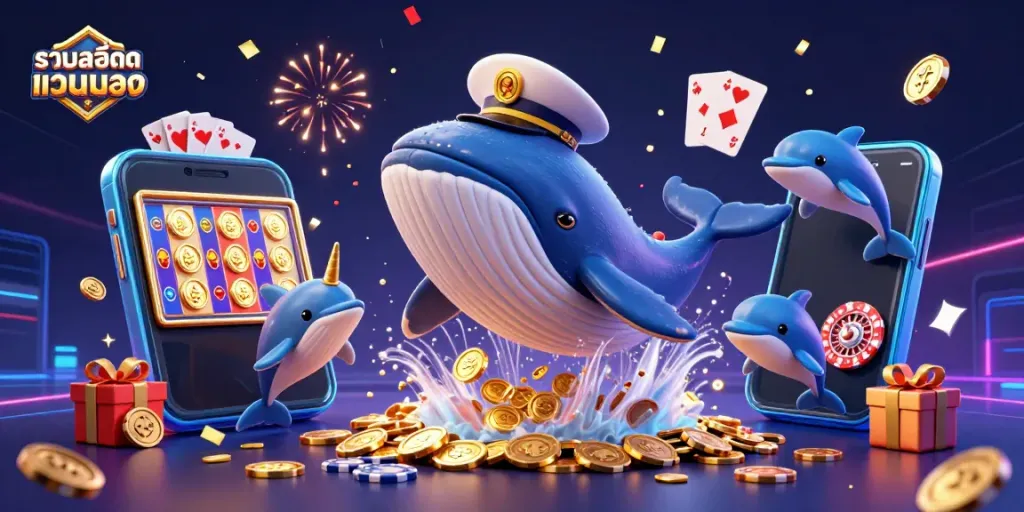 Experience the thrill of รวมสล็อตเว็บตรง with an animated scene showcasing a cartoon whale, dolphins, and slot game elements.
