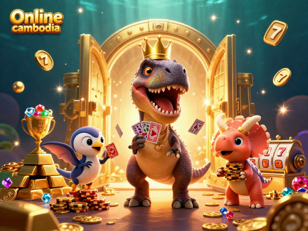 Experience thrilling action at Online casino cambodia with friendly dinosaurs shuffling cards and stacking chips.