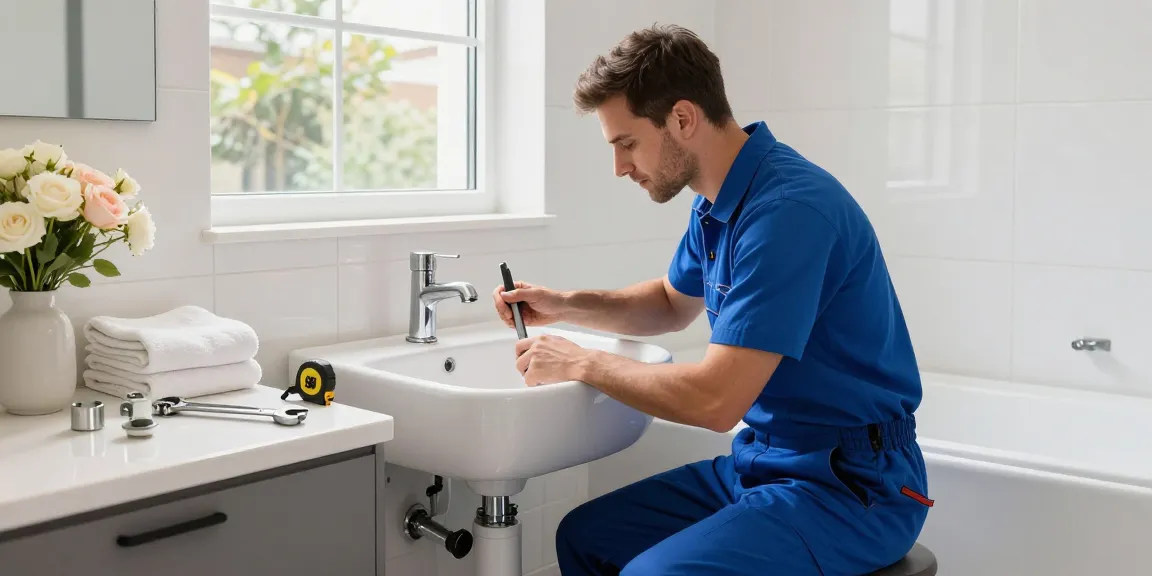 Plumber London installing a stylish bathroom sink with tools in a modern design.