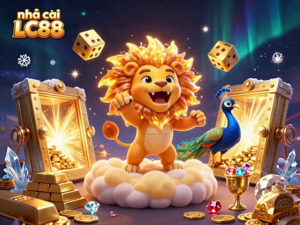 Experience excitement with nhà cái LC88 as a roaring lion and cosmic elements create a dazzling online casino scene.