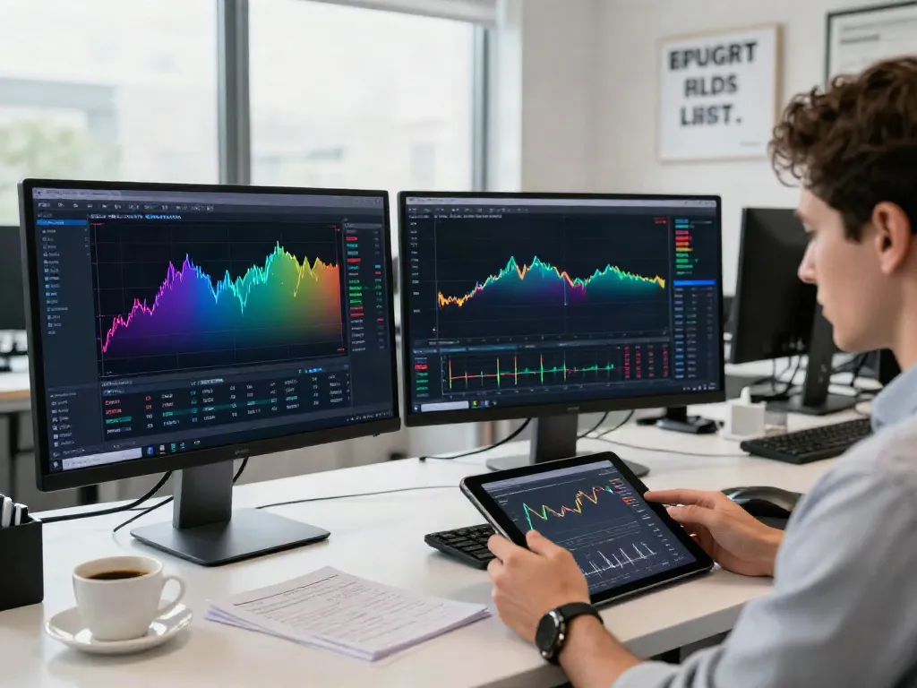 Trading on MetaTrader 5 with live charts and market analysis in a modern office setting.
