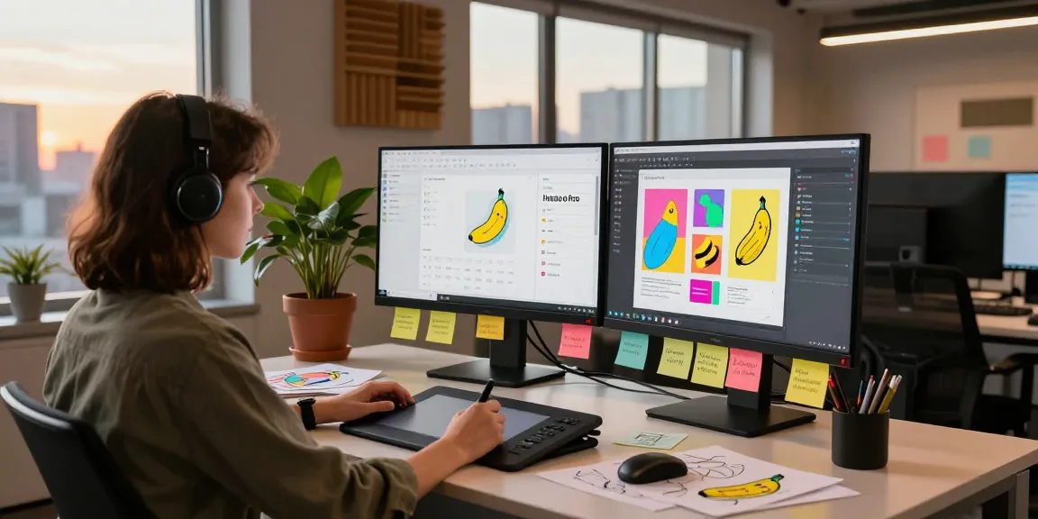 A graphic designer editing images with nano banana pro in a vibrant tech workspace.