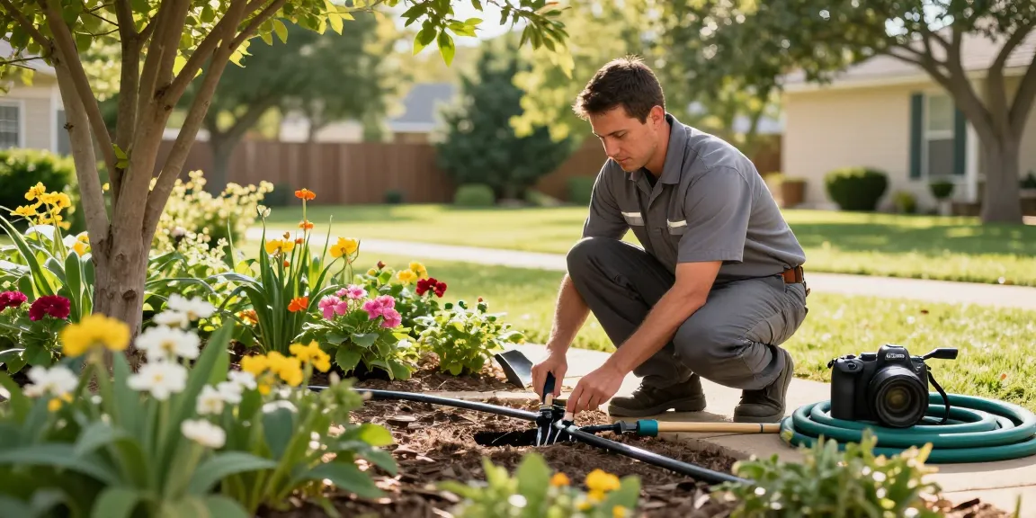 Professional Irrigation Services in Bedford, TX technician repairing a drip irrigation system in a vibrant backyard.