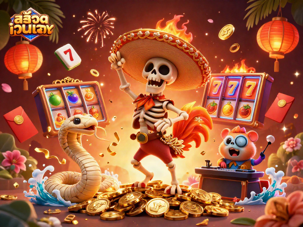 Engage in thrilling play at สล็อตเว็บตรง with vibrant characters celebrating on golden coins and slot machines.