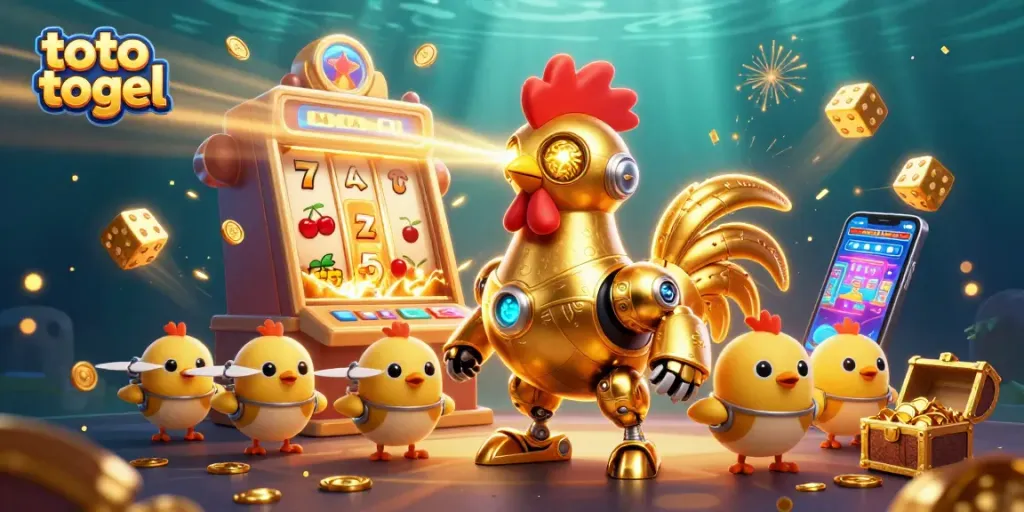 Melihat toto togel pada ilustrasi kasino 3D dengan mesin slot dan jackpot meledak.