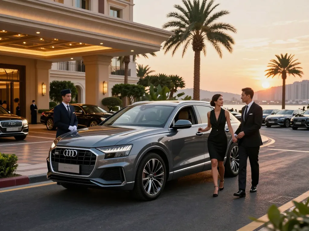 Audi Q8 sang trọng cho thuê, thể hiện trải nghiệm cho thuê xe ô tô hạng sang với cặp đôi phong cách tại lối vào khách sạn cao cấp.