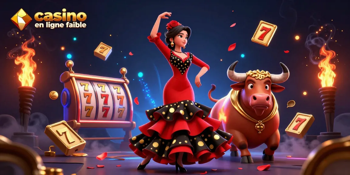 Découvrez des jeux passionnants dans un casino en ligne fiable avec une illustration dynamique d'une danseuse de flamenco et d'un taureau.