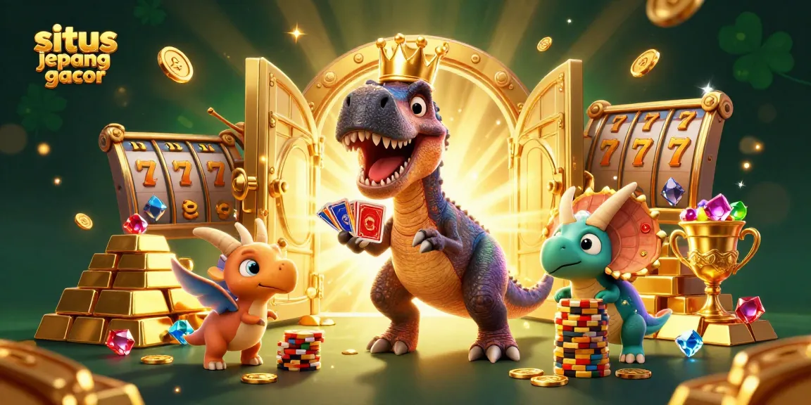Experience the thrill of situs jepang gacor with playful dinosaur characters amid dazzling casino elements.