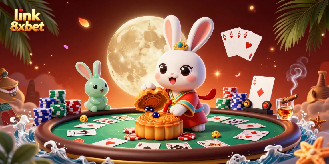 Win big with link 8xbet in this vibrant 3D casino scene featuring poker elements.