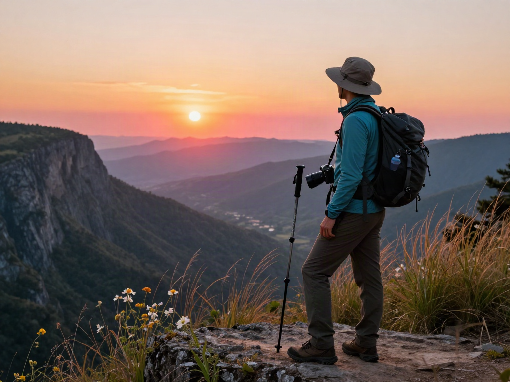 An outdoor enthusiast enjoying a breathtaking view at sunset, embodying adventure spirit with the keyword bro138 prominently depicted.