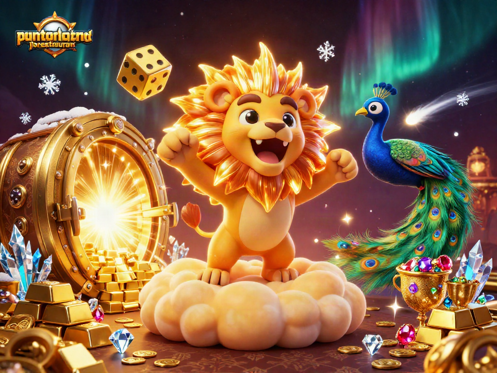 Puntorojorestaurant showcases thrilling casino excitement with a roaring sun lion, golden dice, and treasures.