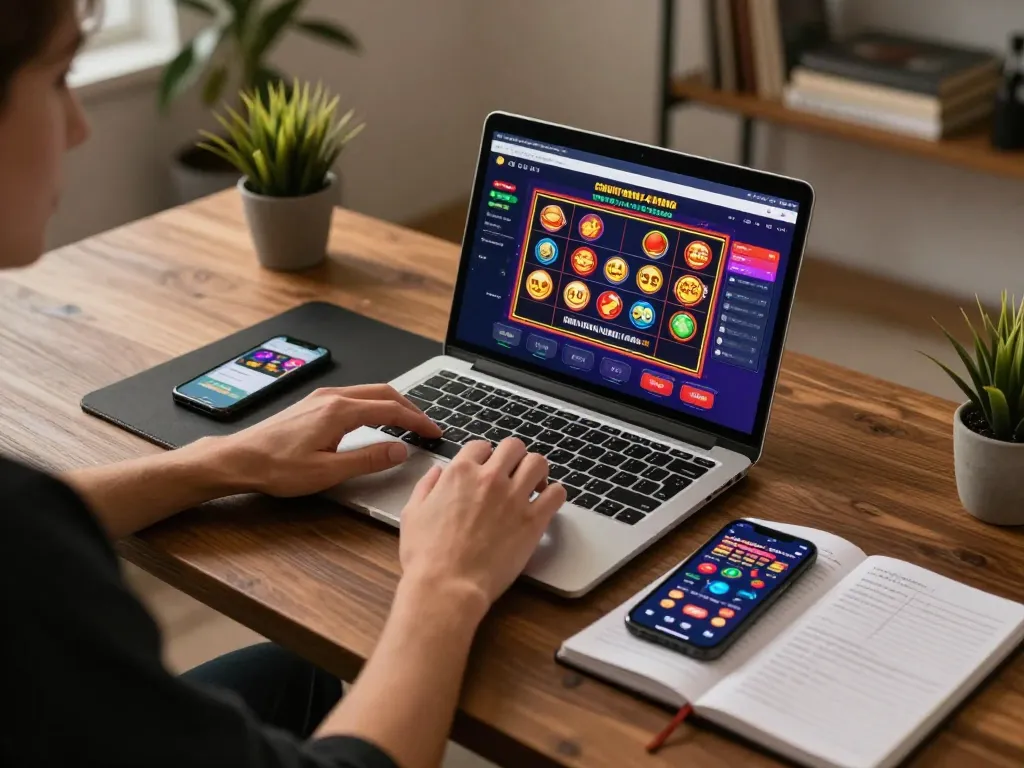 rokok88 user engaging in online casino gameplay on laptop while strategizing with notes