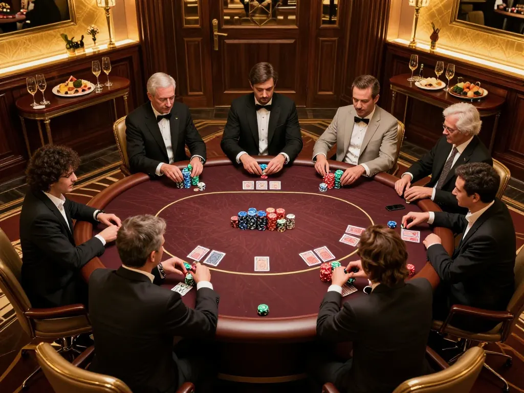 iWin players enjoying high-stakes poker game with colorful chips and strategy in upscale VIP room