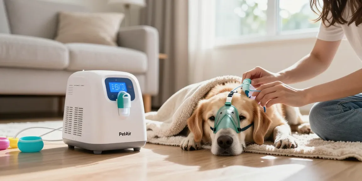 PetAir 寵氧站 service for pet oxygen therapy, showcasing a caring owner assisting a dog with an oxygen machine.