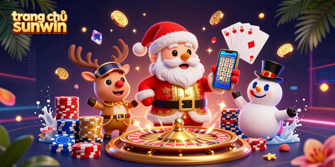 Players enjoy slots at trang chủ sunwin, featuring festive characters and vibrant casino elements.