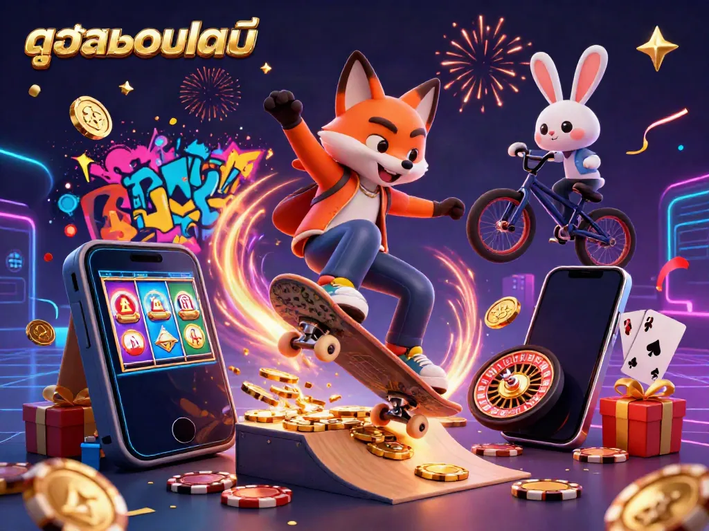 Experience ดูบอลออนไลน์ in style with a dynamic illustration featuring a fox and rabbit in a vibrant casino-themed scene.