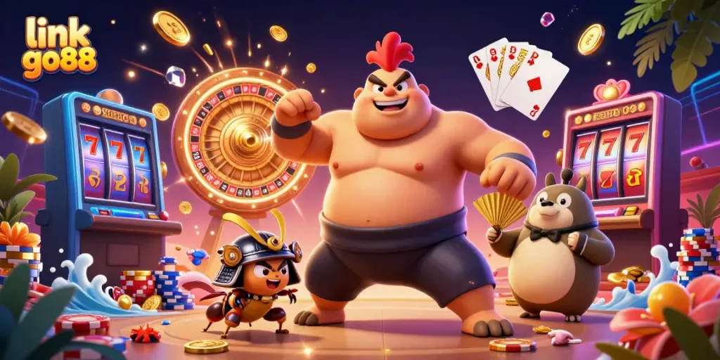Join exciting gameplay at link go88, featuring a powerful sumo wrestler and samurai cricket in a vibrant casino scene.