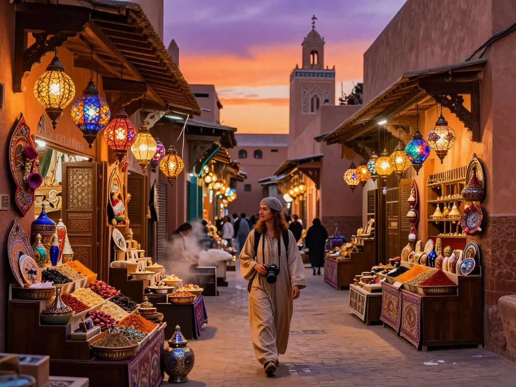 Authentic Moroccan experience with a traveler in vibrant Marrakech, showcasing the services of a top morocco tour company.