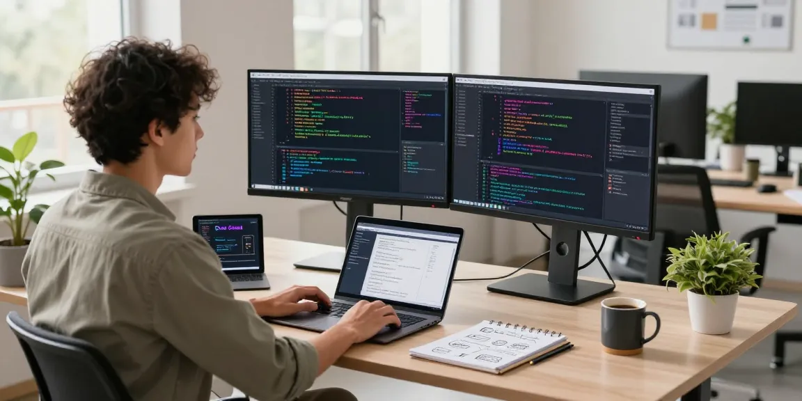 Workspace with developer coding Open Claw skills on dual monitors, inspiring productivity.