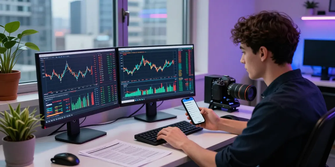 NAGA2000 trading scenario with a young professional analyzing crypto market trends in a modern workspace.