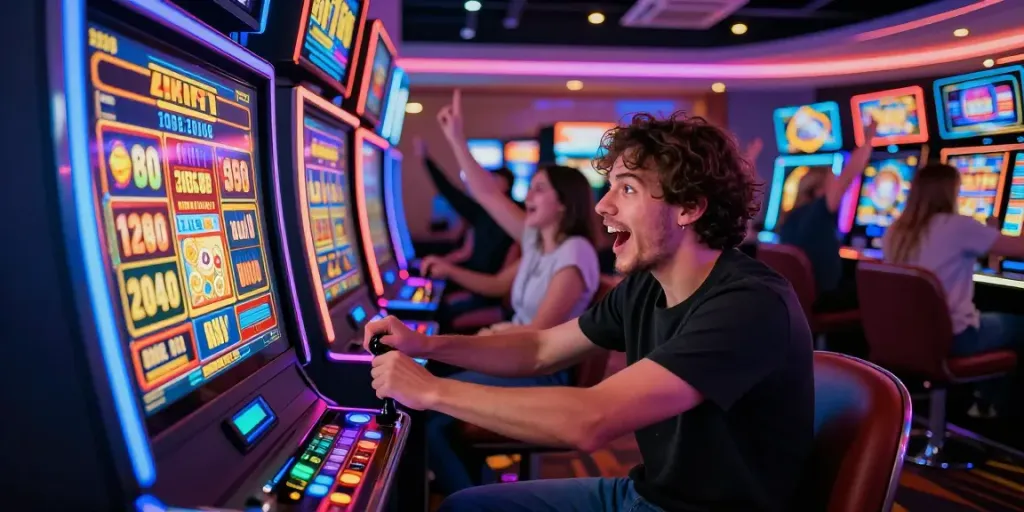 Exciting scene of a player winning a slot jackpot in a vibrant casino, with cheers and colorful lights in the background.