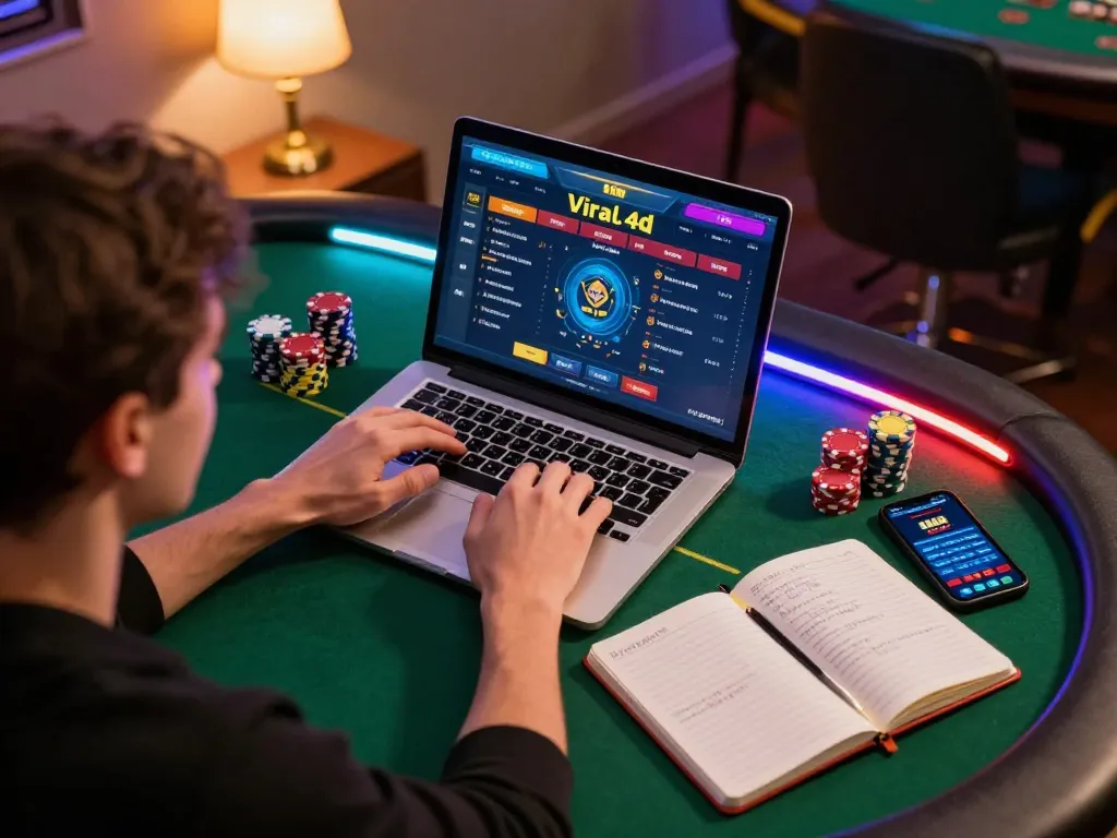 Engaging player exploring viral4d online gaming with poker chips and strategy notes in a cozy setup.